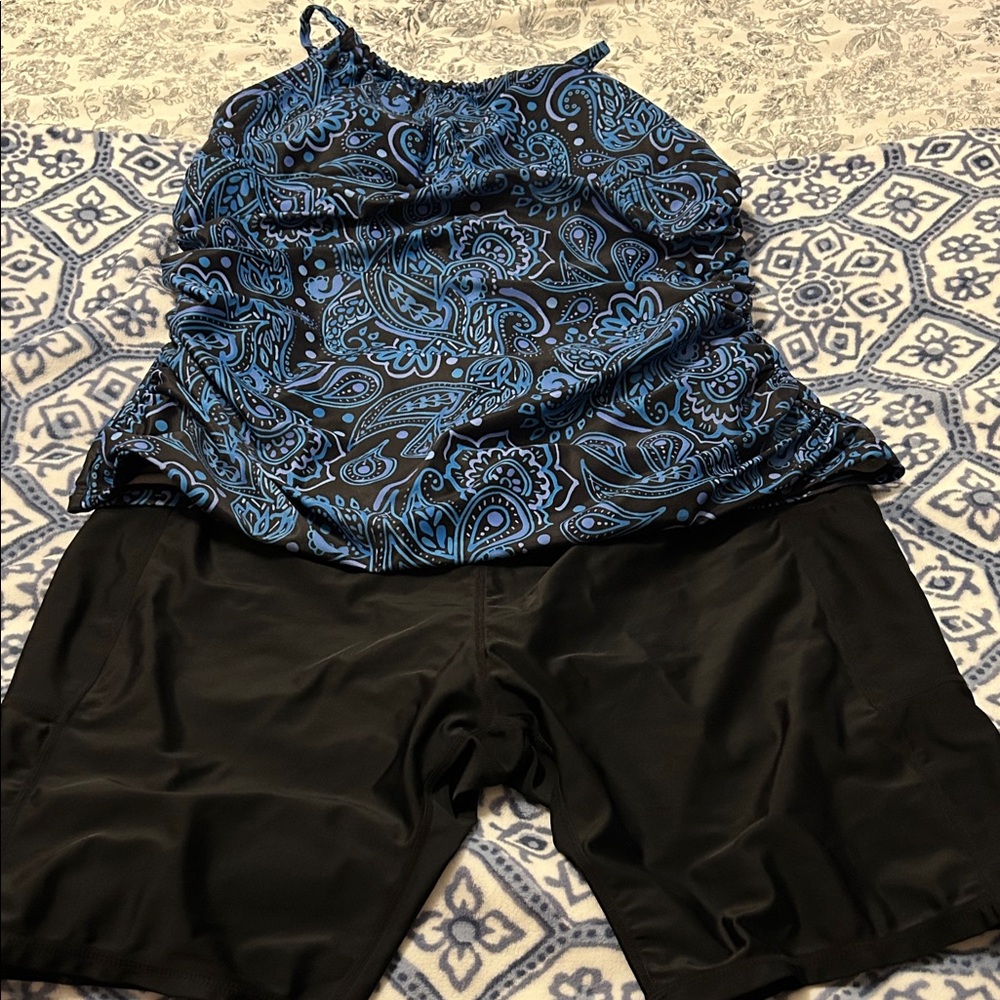 Black Swim Shorts with Blue Paisley Tankini Top